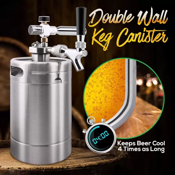 imageNutriChef Double Walled System64oz Stainless Steel Growler Tap Portable Mini Keg Dispenser Kegerator Kit w Co2 Pressure Regulator for Craft Beer DraftHomebrew PKBRTP99 64oz