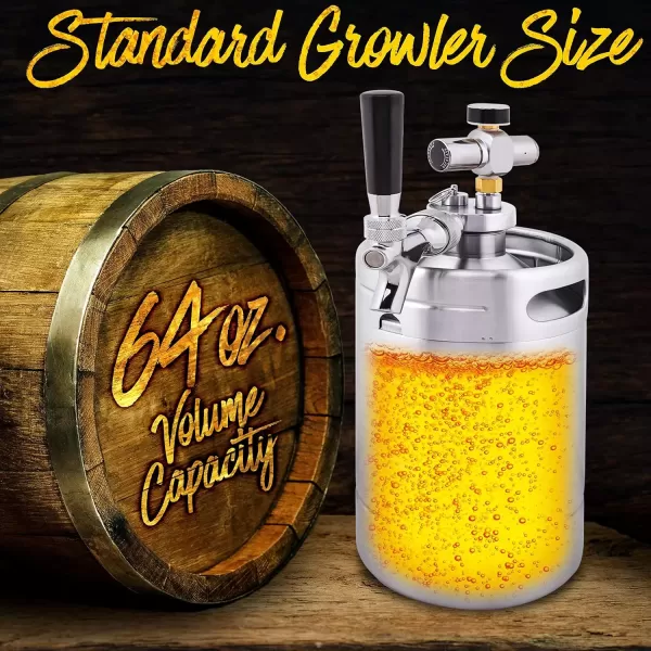 imageNutriChef Double Walled System64oz Stainless Steel Growler Tap Portable Mini Keg Dispenser Kegerator Kit w Co2 Pressure Regulator for Craft Beer DraftHomebrew PKBRTP99 64oz