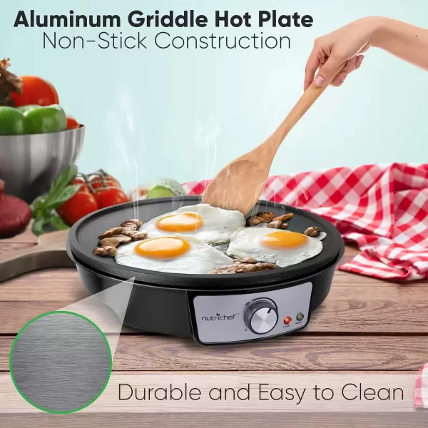 imageNutriChef Electric Griddle ampamp Crepe Maker  Nonstick 12 Inch Hot Plate Cooktop  Adjustable Temperature Control  Batter Spreader ampamp Wooden Spatula  Used Also For Pancakes Blintzes ampamp Eggs