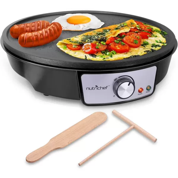 imageNutriChef Electric Griddle ampamp Crepe Maker  Nonstick 12 Inch Hot Plate Cooktop  Adjustable Temperature Control  Batter Spreader ampamp Wooden Spatula  Used Also For Pancakes Blintzes ampamp Eggs