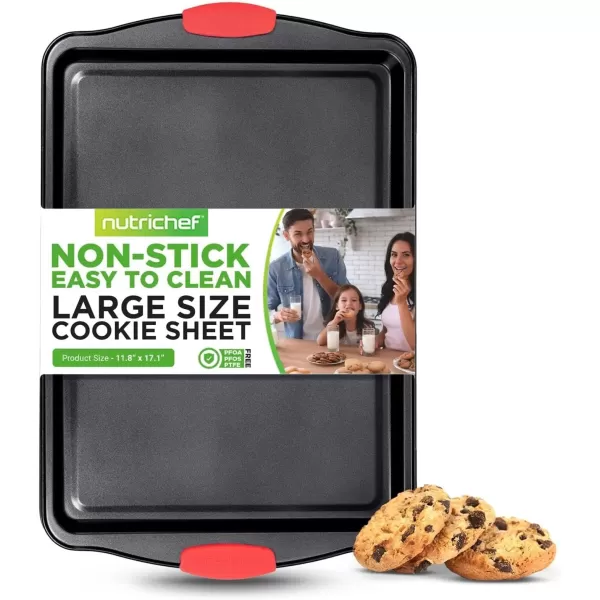 imageNutriChef Large Nonstick Cookie Sheet for Baking  17quot x 11quot Carbon Steel Kitchen Oven Baking Pan Premium Restaurant Grade Bakeware wRed Silicone Handles  Easy to Clean BlackBlack