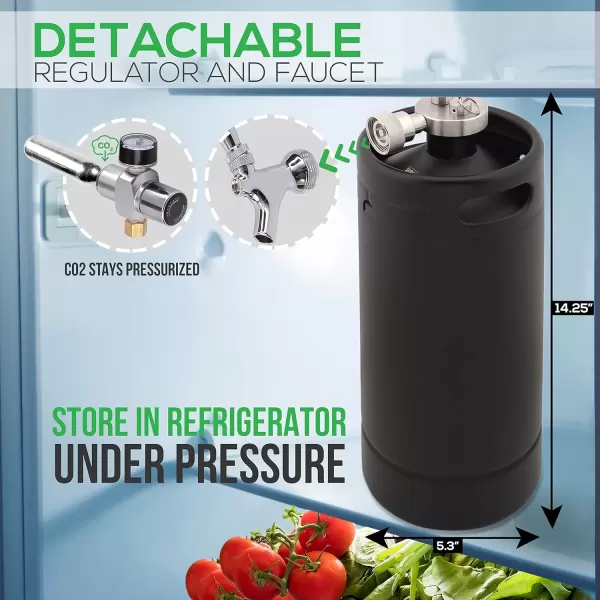 imageNutriChef Pressurized Growler Tap System 128oz Powder Coated Mini Keg Dispenser Portable Kegerator Kit Co2 Pressure Regulator Keeps Carbonation for Craft Beer Draft and Homebrew