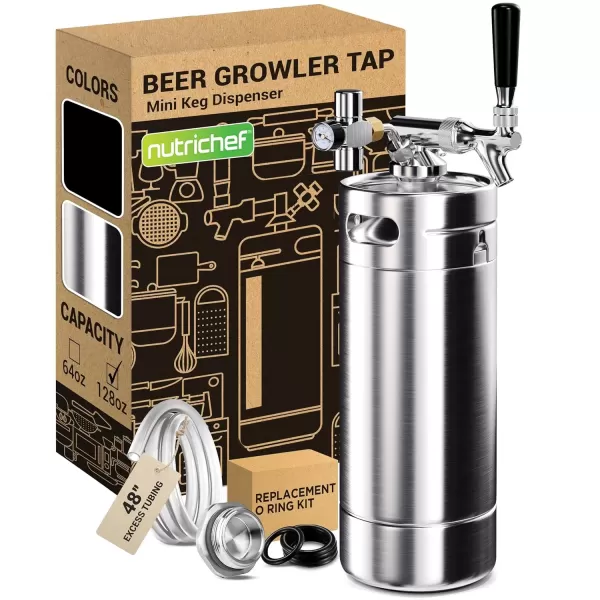 imageNutriChef Pressurized Growler Tap System 128oz Stainless Steel Mini Keg Dispenser Portable Kegerator Kit Co2 Pressure Regulator Keeps Carbonation for Craft Beer Draft and Homebrew