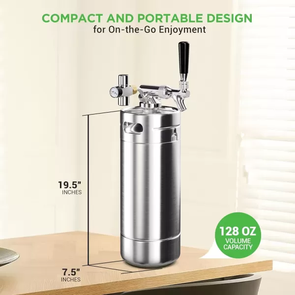 imageNutriChef Pressurized Growler Tap System 128oz Stainless Steel Mini Keg Dispenser Portable Kegerator Kit Co2 Pressure Regulator Keeps Carbonation for Craft Beer Draft and Homebrew