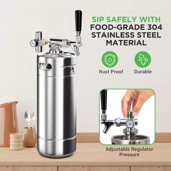 imageNutriChef Pressurized Growler Tap System 128oz Stainless Steel Mini Keg Dispenser Portable Kegerator Kit Co2 Pressure Regulator Keeps Carbonation for Craft Beer Draft and Homebrew