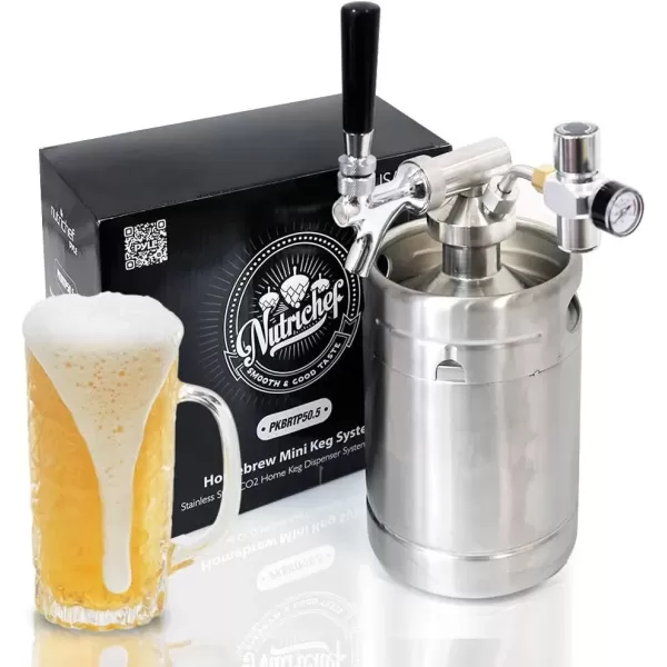 imageNutriChef Pressurized Growler Tap System 64oz Stainless Steel Mini Keg Dispenser Portable Kegerator Kit Co2 Pressure Regulator Keeps Carbonation for Craft Beer Draft and Homebrew