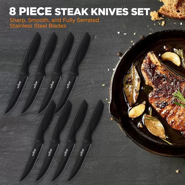 imageNutriChef Steak Knife Set of 8  Premium Serrated Stainless Steel Kitchen Knife Set  Ergonomic Design Sharp Blades NonStick ampamp RustResistant  Perfect for Home BBQs ampamp Restaurants BlackBlack