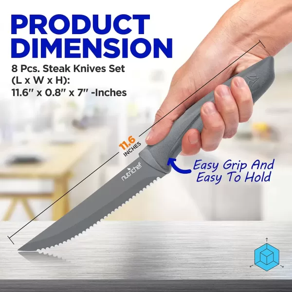 imageNutriChef Steak Knife Set of 8  Premium Serrated Stainless Steel Kitchen Knife Set  Ergonomic Design Sharp Blades NonStick ampamp RustResistant  Perfect for Home BBQs ampamp Restaurants BlackGray