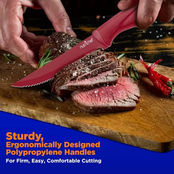 imageNutriChef Steak Knife Set of 8  Premium Serrated Stainless Steel Kitchen Knife Set  Ergonomic Design Sharp Blades NonStick ampamp RustResistant  Perfect for Home BBQs ampamp Restaurants BlackRed