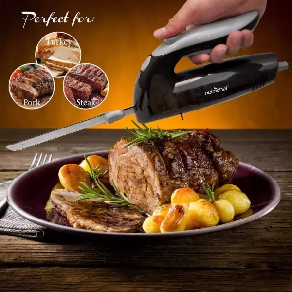 imageNutriChef Upgraded Premium Electric Knife  89quot Carving Knife Serrated Blades Lightweight Ergonomic Design Easy Grip Easy Blade Removal Great For Thanksgiving Meat ampamp Cheese Black  PKELKN8