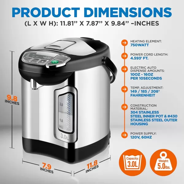 imageNutriChefKitchen Electric Water Boiler and Warmer  3L317 Qt Stainless Steel Electric Hot Water Dispenser wRotating Base Auto Shut Off Safety Lock Instant Heating for Coffee ampamp Tea NCHUB1332 Quarts