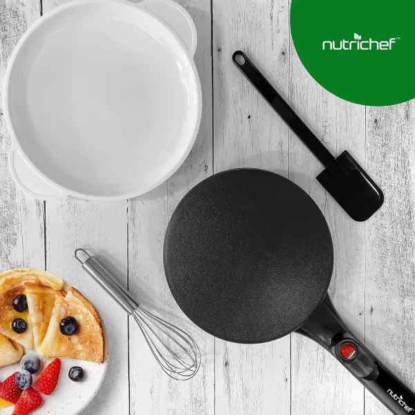 imageNutrichef Electric Crepe Maker  8inch Nonstick Cooktop with OnOff Switch  Cooks Roti Tortillas ampamp Pancakes  Automatic Temperature Control ampamp Cool Touch Handle  Includes Food Bowl Whisk ampamp Spatula