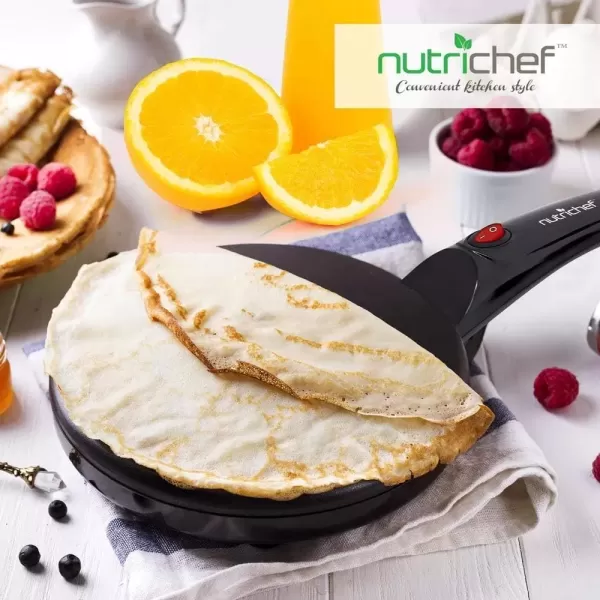 imageNutrichef Electric Crepe Maker  8inch Nonstick Cooktop with OnOff Switch  Cooks Roti Tortillas ampamp Pancakes  Automatic Temperature Control ampamp Cool Touch Handle  Includes Food Bowl Whisk ampamp SpatulaDark Gray