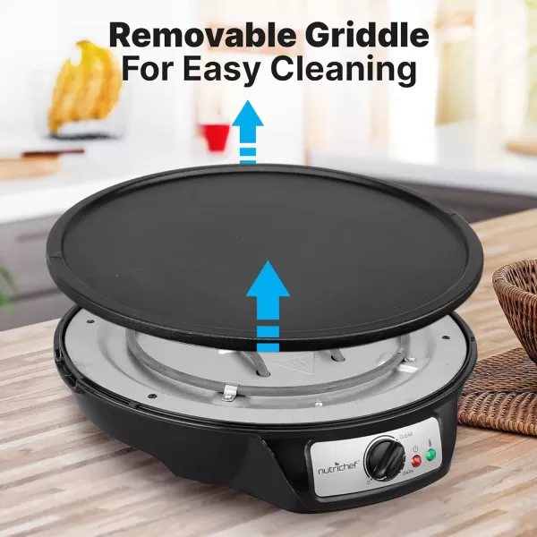 imageNutrichef Electric Crepe Maker ampamp Griddle Cooktop  Nonstick 12 Inch Aluminum Hot Plate with LED Indicator Lights ampamp Adjustable Temperature Control  Wooden Spatula ampamp Batter Spreader IncludedDetachable