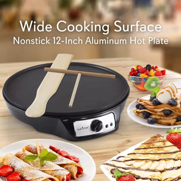 imageNutrichef Electric Crepe Maker ampamp Griddle Cooktop  Nonstick 12 Inch Aluminum Hot Plate with LED Indicator Lights ampamp Adjustable Temperature Control  Wooden Spatula ampamp Batter Spreader IncludedDetachable