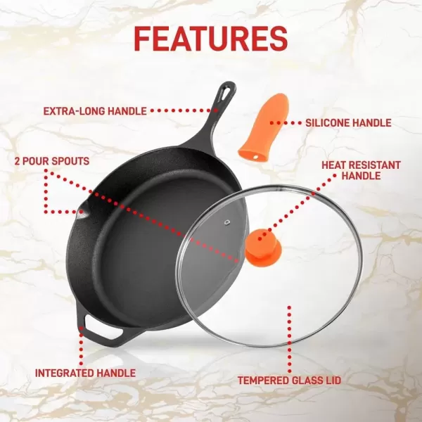 imageNutriChef  NCCI10 NutriChef PreSeasoned Cast Iron Fry Pan with Glass Lid ampamp Silicone Handle 10 inch BlackBlack