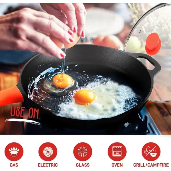 imageNutriChef  NCCI10 NutriChef PreSeasoned Cast Iron Fry Pan with Glass Lid ampamp Silicone Handle 10 inch BlackBlack
