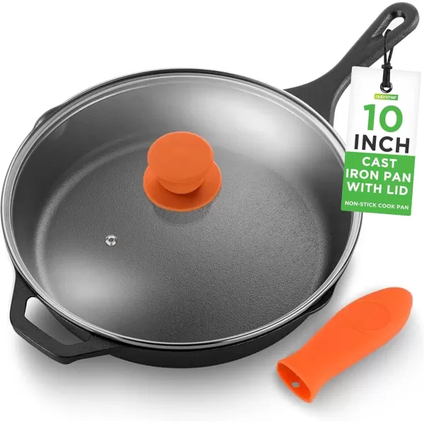 imageNutriChef  NCCI10 NutriChef PreSeasoned Cast Iron Fry Pan with Glass Lid ampamp Silicone Handle 10 inch BlackBlack