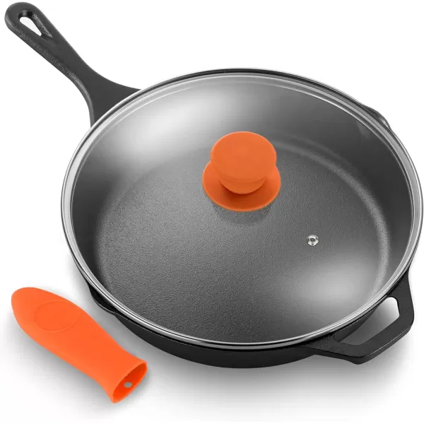 imageNutriChef  NCCI10 NutriChef PreSeasoned Cast Iron Fry Pan with Glass Lid ampamp Silicone Handle 10 inch BlackBlack