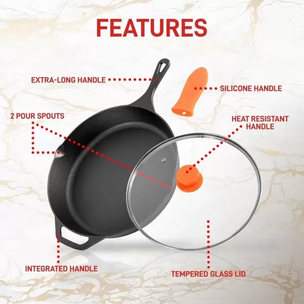 imageNutriChef  NCCI10 NutriChef PreSeasoned Cast Iron Fry Pan with Glass Lid ampamp Silicone Handle 10 inch BlackBlack