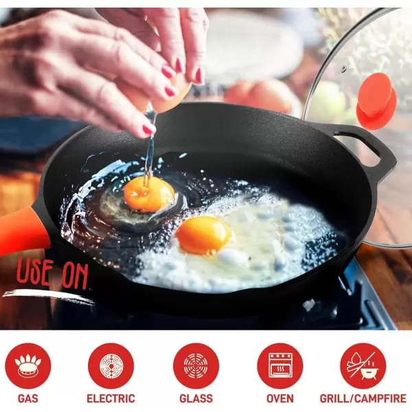 imageNutriChef  NCCI10 NutriChef PreSeasoned Cast Iron Fry Pan with Glass Lid ampamp Silicone Handle 10 inch BlackBlack