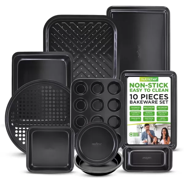 imageNutriChef 10Piece NonStick Baking Pans Set  Deluxe Carbon Steel Bakeware Set w Cookie Sheets Muffin Pan Roasting Pan Cake Pan Baking Tray Pizza Pan  Easy to Clean BlackBlack