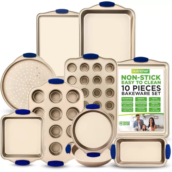 imageNutriChef 10Piece Nonstick Bakeware Set  Premium Carbon Steel Baking Trays wHeatsafe Silicone Handles Includes Pizza Crisper Loaf Pan 12 ampamp 24 Cup Muffin Pans RoundSquare Pans Cookie Sheets10 Piece Set