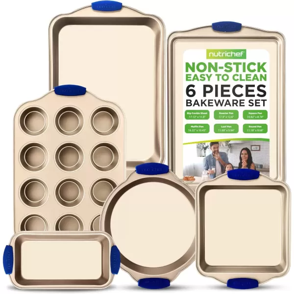 imageNutriChef 10Piece Nonstick Bakeware Set  Premium Carbon Steel Baking Trays wHeatsafe Silicone Handles Includes Pizza Crisper Loaf Pan 12 ampamp 24 Cup Muffin Pans RoundSquare Pans Cookie Sheets6 Piece Set