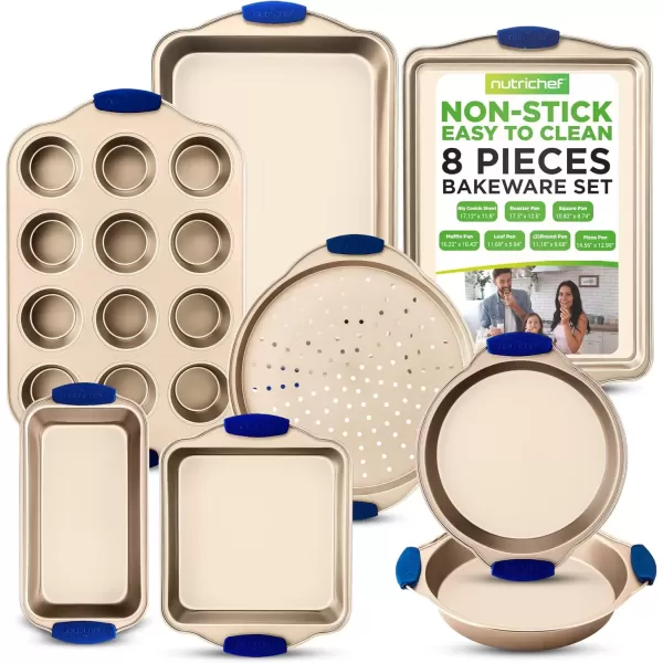 imageNutriChef 10Piece Nonstick Bakeware Set  Premium Carbon Steel Baking Trays wHeatsafe Silicone Handles Includes Pizza Crisper Loaf Pan 12 ampamp 24 Cup Muffin Pans RoundSquare Pans Cookie Sheets8 Piece Set