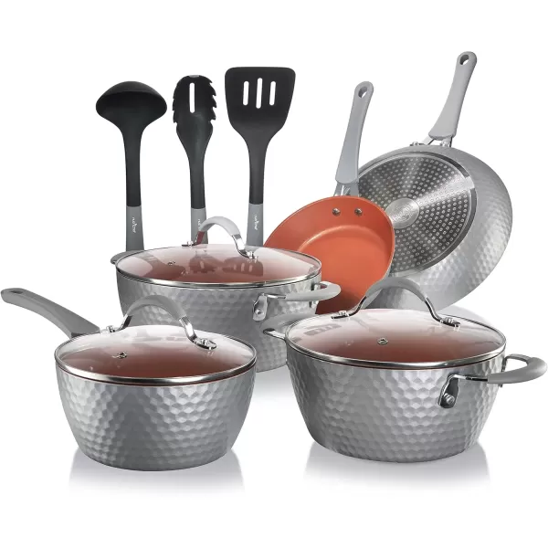 imageNutriChef 11 Pc Pots and Pans Set Non Stick Cookware with Ceramic Coating Ergonomic Handles Induction Ready Includes Saucepan Dutch Oven Large ampamp Small Fry Pans Royal BlueGray