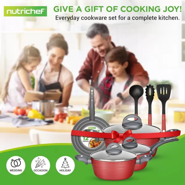 imageNutriChef 12Piece Nonstick Kitchen Cookware Set  Professional Hard Anodized Home Kitchen Ware Pots and Pans Set Includes Saucepan Frying Pans Cooking Pots Dutch Oven Pot Lids Utensils GrayRed