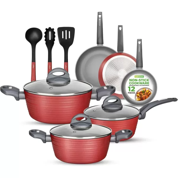 imageNutriChef 12Piece Nonstick Kitchen Cookware Set  Professional Hard Anodized Home Kitchen Ware Pots and Pans Set Includes Saucepan Frying Pans Cooking Pots Dutch Oven Pot Lids Utensils GrayRed