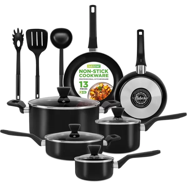 imageNutriChef 13 Pcs Nonstick Kitchen Cookware PFOAFree Heat Resistant Kitchenware Set wSaucepan Frying Pans Cooking Pots Casserole Lids ampamp Utensils Red NCCWA13RDBlack