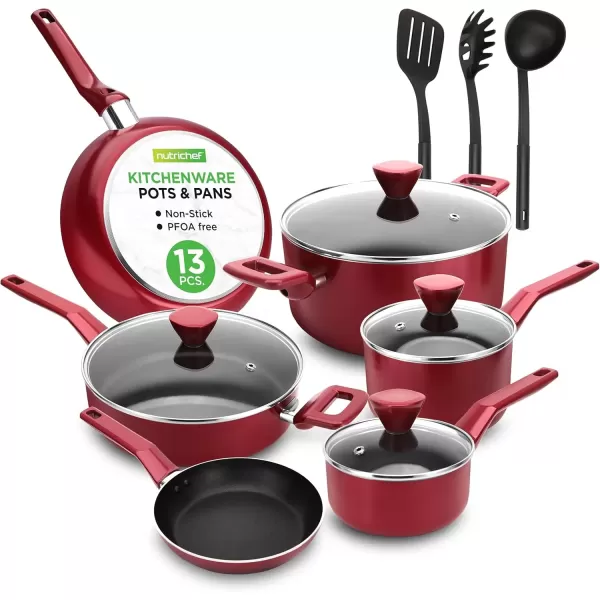 imageNutriChef 13 Pcs Nonstick Kitchen Cookware PFOAFree Heat Resistant Kitchenware Set wSaucepan Frying Pans Cooking Pots Casserole Lids ampamp Utensils Red NCCWA13RDRed