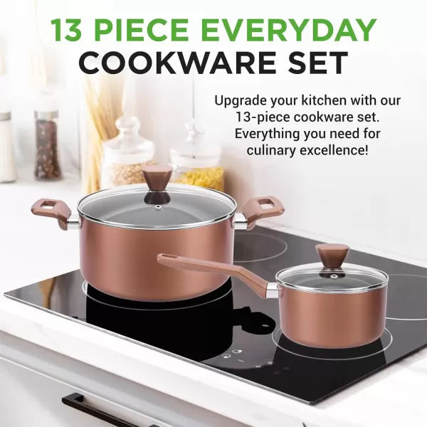 imageNutriChef 13 Pcs Nonstick Kitchen Cookware PFOAFree Heat Resistant Kitchenware Set wSaucepan Frying Pans Cooking Pots Casserole Lids ampamp Utensils Red NCCWA13RDBrown