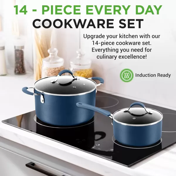imageNutriChef 14Piece Navy Blue Cookware Set  Durable NonStick Pots and Pans Set with Lids ampamp Utensils Compatible with All CooktopsBlue
