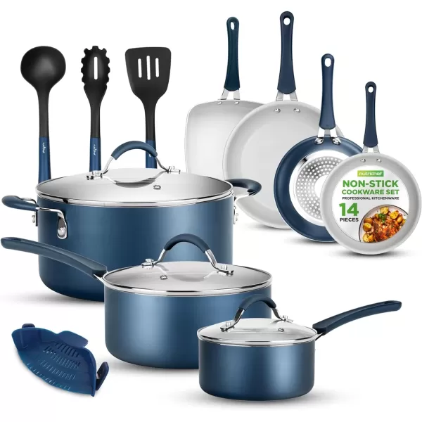 imageNutriChef 14Piece Navy Blue Cookware Set  Durable NonStick Pots and Pans Set with Lids ampamp Utensils Compatible with All CooktopsBlue