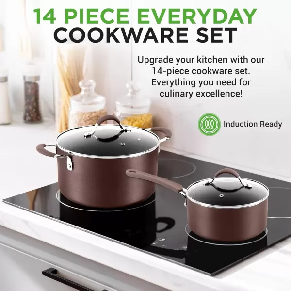 imageNutriChef 14Piece Navy Blue Cookware Set  Durable NonStick Pots and Pans Set with Lids ampamp Utensils Compatible with All CooktopsBrown
