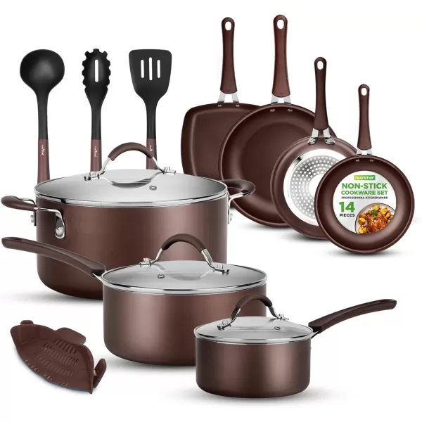 imageNutriChef 14Piece Navy Blue Cookware Set  Durable NonStick Pots and Pans Set with Lids ampamp Utensils Compatible with All CooktopsBrown
