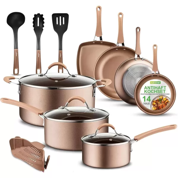 imageNutriChef 14Piece Navy Blue Cookware Set  Durable NonStick Pots and Pans Set with Lids ampamp Utensils Compatible with All CooktopsShiny Golden