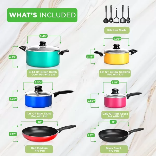 imageNutriChef 15Piece Non Stick Kitchen Cookware Set PFOAPFOSFree Colorful Heat Resistant Lacquer wSaucepot Frying Pans Oven Pot Lids 5 Utensil  NCCWCOR15NCCWCOR15  assorted