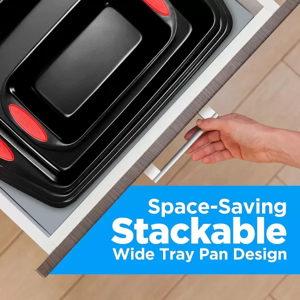 imageNutriChef 15Piece Stackable Baking Pan Set  Nonstick Easy to Clean Coating Carbon Steel Bakeware Professional Home Kitchen Bakeware with Cookie Sheet Trays ampamp Red Silicone Handles GoldBlack