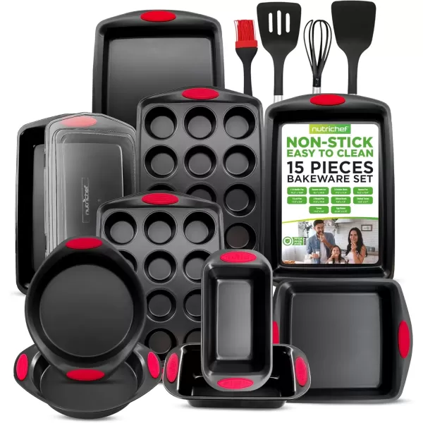 imageNutriChef 15Piece Stackable Baking Pan Set  Nonstick Easy to Clean Coating Carbon Steel Bakeware Professional Home Kitchen Bakeware with Cookie Sheet Trays ampamp Red Silicone Handles GoldBlack