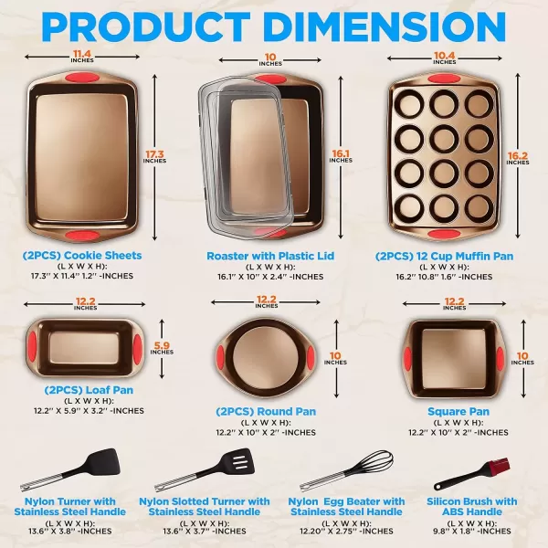 imageNutriChef 15Piece Stackable Baking Pan Set  Nonstick Easy to Clean Coating Carbon Steel Bakeware Professional Home Kitchen Bakeware with Cookie Sheet Trays ampamp Red Silicone Handles GoldGold