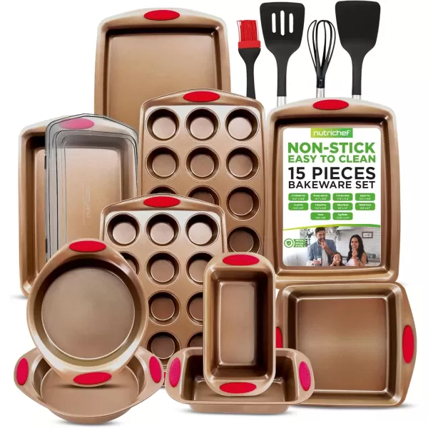 imageNutriChef 15Piece Stackable Baking Pan Set  Nonstick Easy to Clean Coating Carbon Steel Bakeware Professional Home Kitchen Bakeware with Cookie Sheet Trays ampamp Red Silicone Handles GoldGold