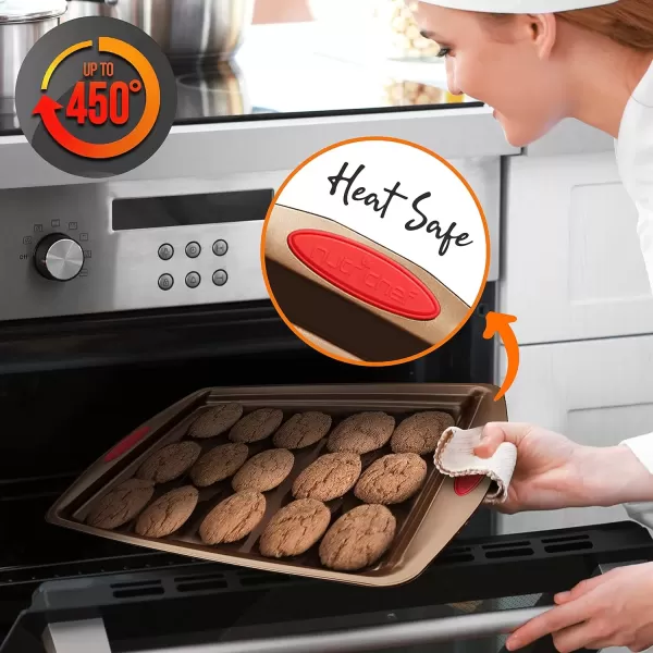 imageNutriChef 15Piece Stackable Baking Pan Set  Nonstick Easy to Clean Coating Carbon Steel Bakeware Professional Home Kitchen Bakeware with Cookie Sheet Trays ampamp Red Silicone Handles GoldGold
