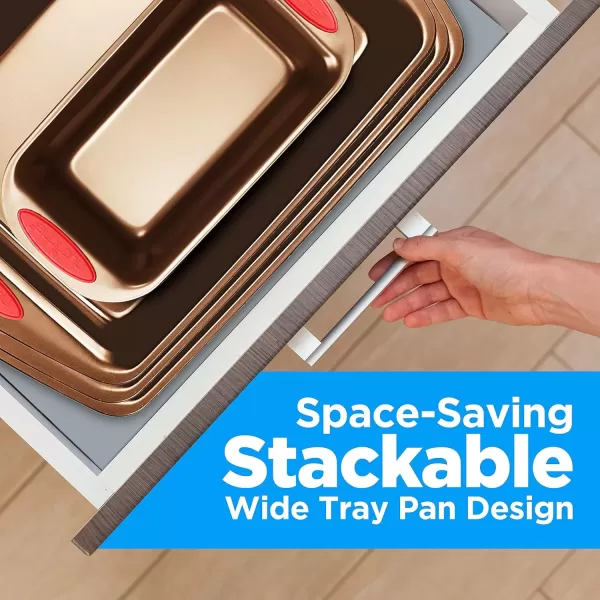 imageNutriChef 15Piece Stackable Baking Pan Set  Nonstick Easy to Clean Coating Carbon Steel Bakeware Professional Home Kitchen Bakeware with Cookie Sheet Trays ampamp Red Silicone Handles GoldGold