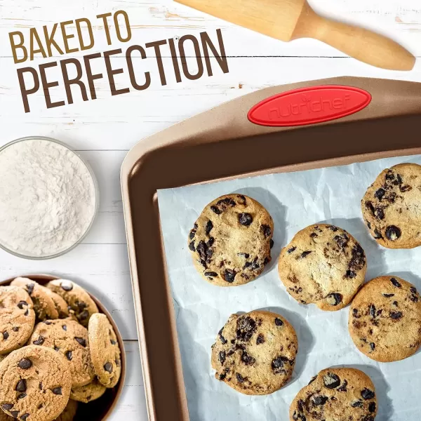 imageNutriChef 15Piece Stackable Baking Pan Set  Nonstick Easy to Clean Coating Carbon Steel Bakeware Professional Home Kitchen Bakeware with Cookie Sheet Trays ampamp Red Silicone Handles GoldGold