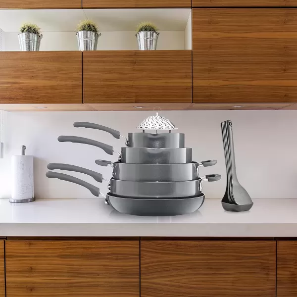 imageNutriChef 17Piece Space Saver Cookware Set  Gray Non Stick Pots and Pans with Stackable Design Foldable Handles Induction ReadyGray