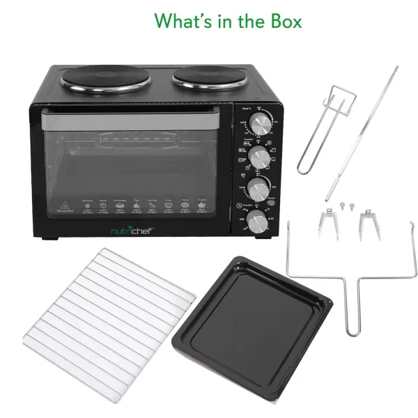 imageNutriChef 30 Quart Kitchen Convection Oven ampamp 2 Burner Cooker  1500 Watt Oven  7 Cook Functions Rotisserie Cook Bake Broil ampamp More  Includes Baking Tray Skewers ampamp Handles  196 x 160 x 135 IN